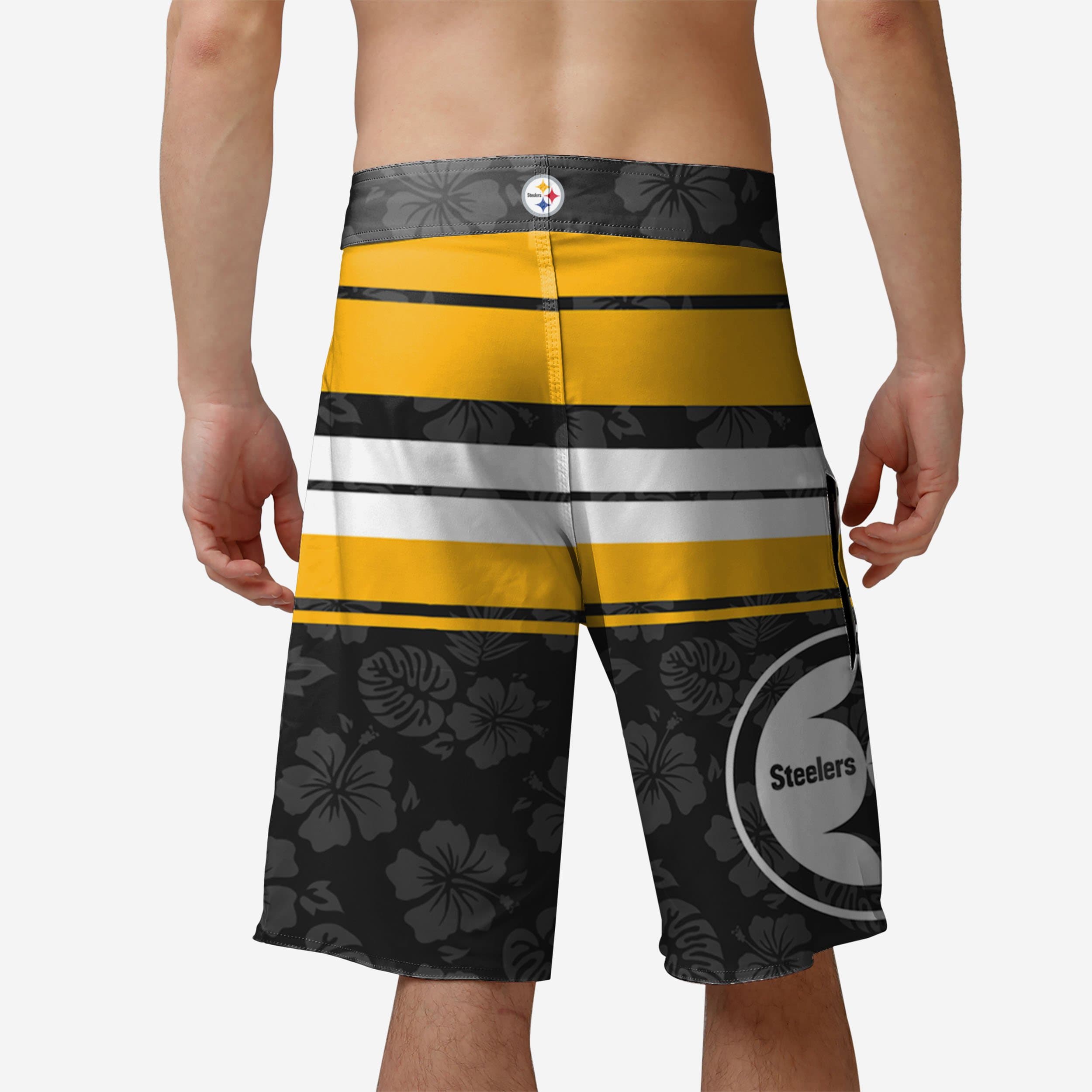Pittsburgh Steelers Tropical Hibiscus Boardwalk Stripe Boardshorts - Win the Style Game!