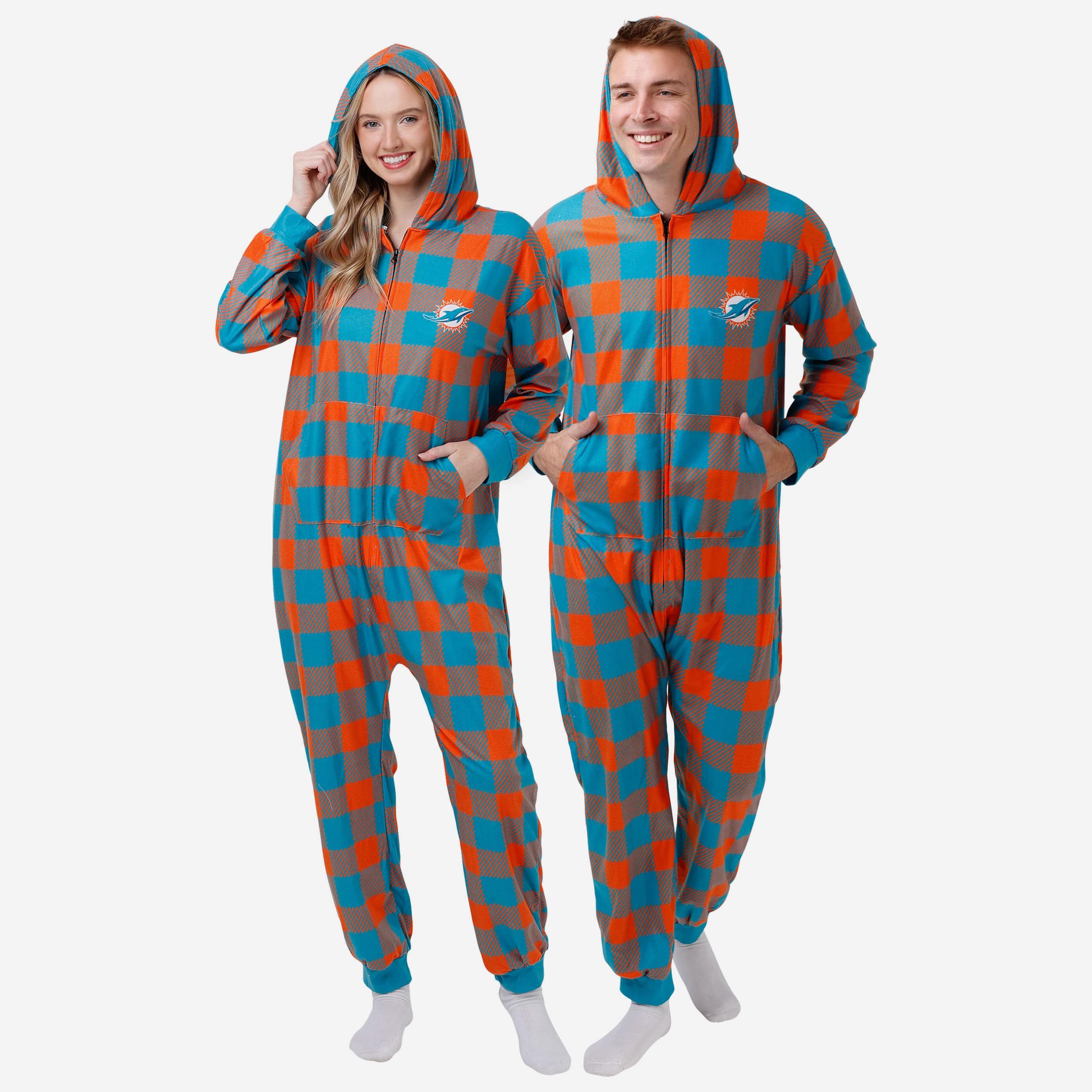 Miami Dolphins Plaid One-Piece Holiday Pajamas - Perfect for Family Fun!