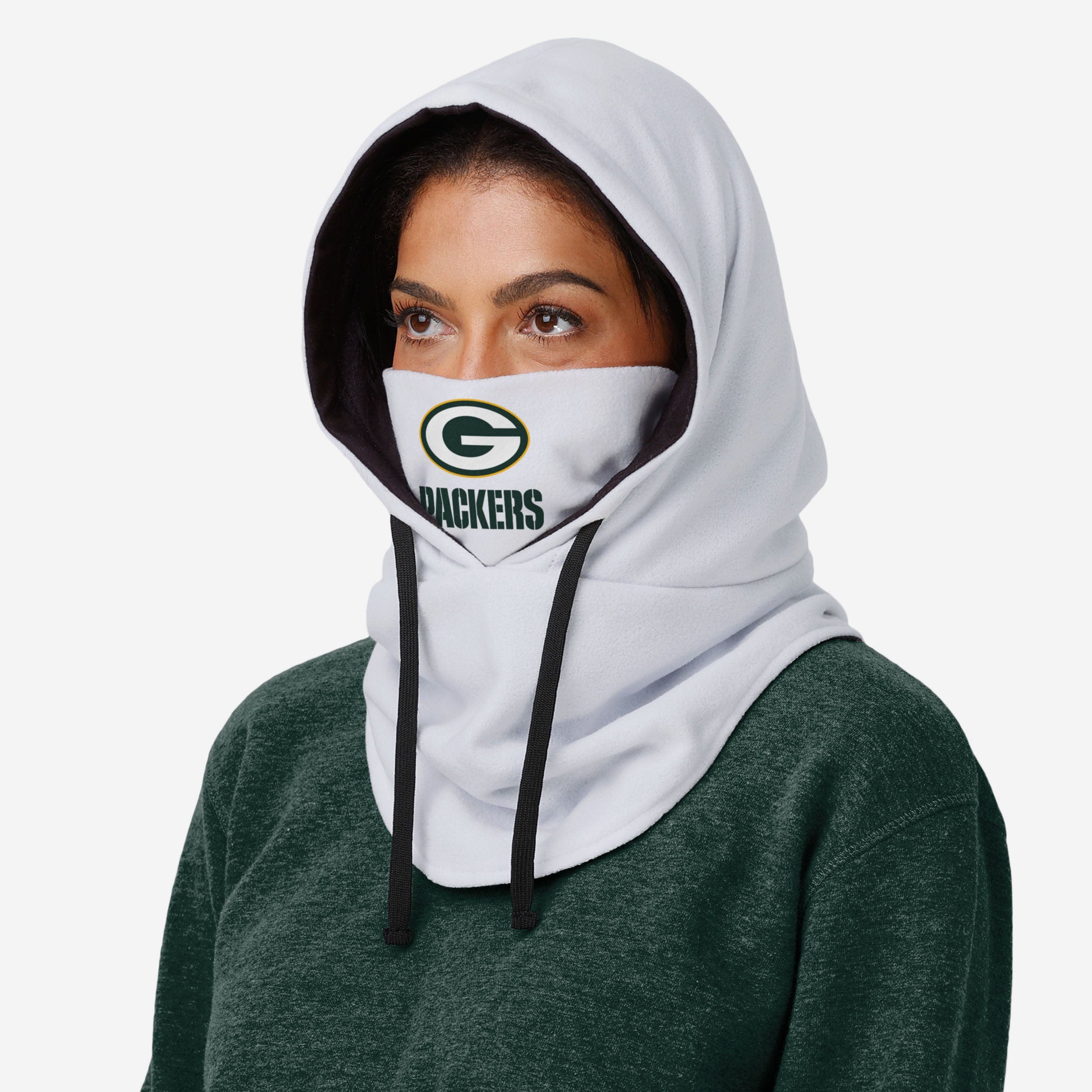 Green Bay Packers Premium White Drawstring Hooded Gaiter - Show Your Team Spirit!