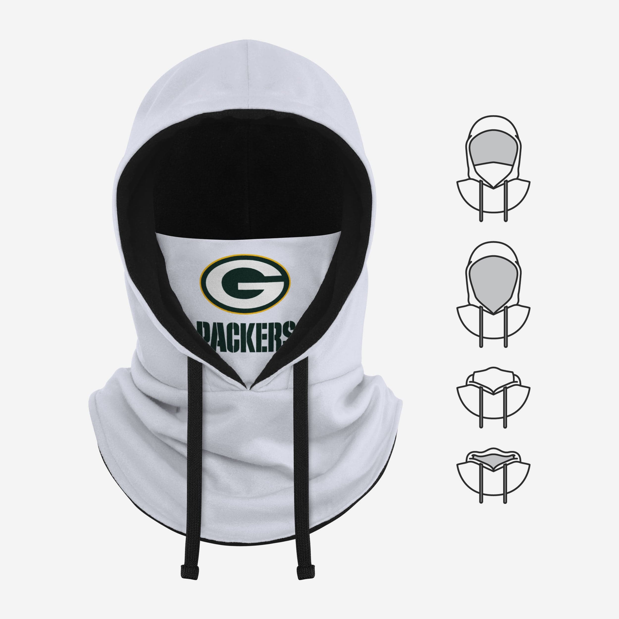 Green Bay Packers Premium White Drawstring Hooded Gaiter - Show Your Team Spirit!