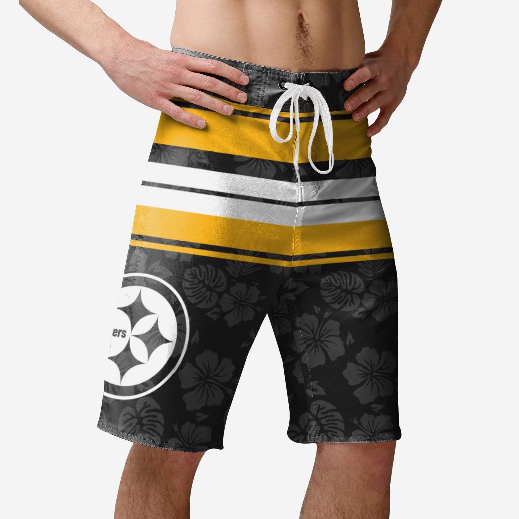 Pittsburgh Steelers Tropical Hibiscus Boardwalk Stripe Boardshorts - Win the Style Game!