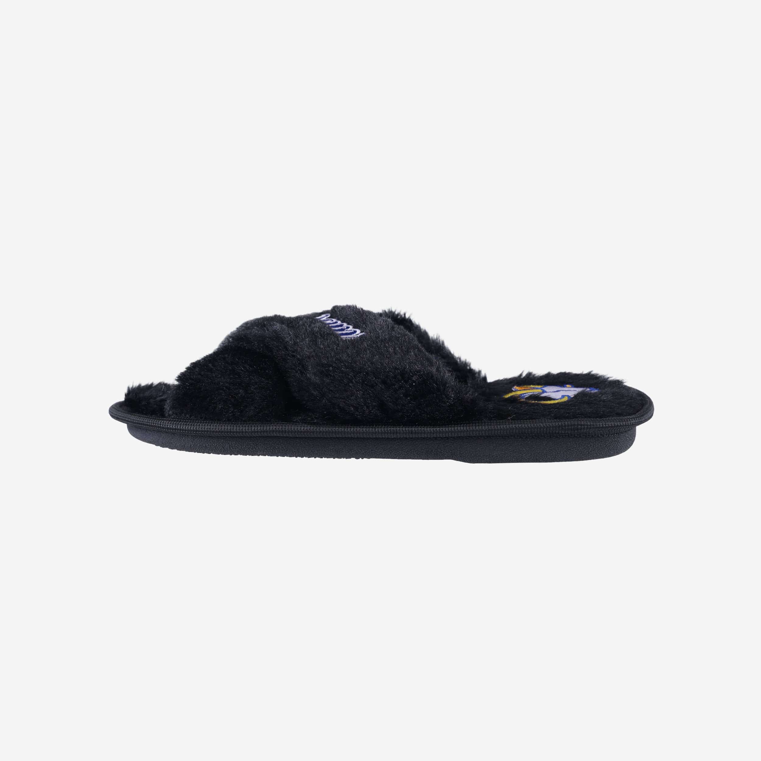 Los Angeles Rams Women's Script Wordmark Fuzzy Fur Cross Slides - Show Your Team Spirit!