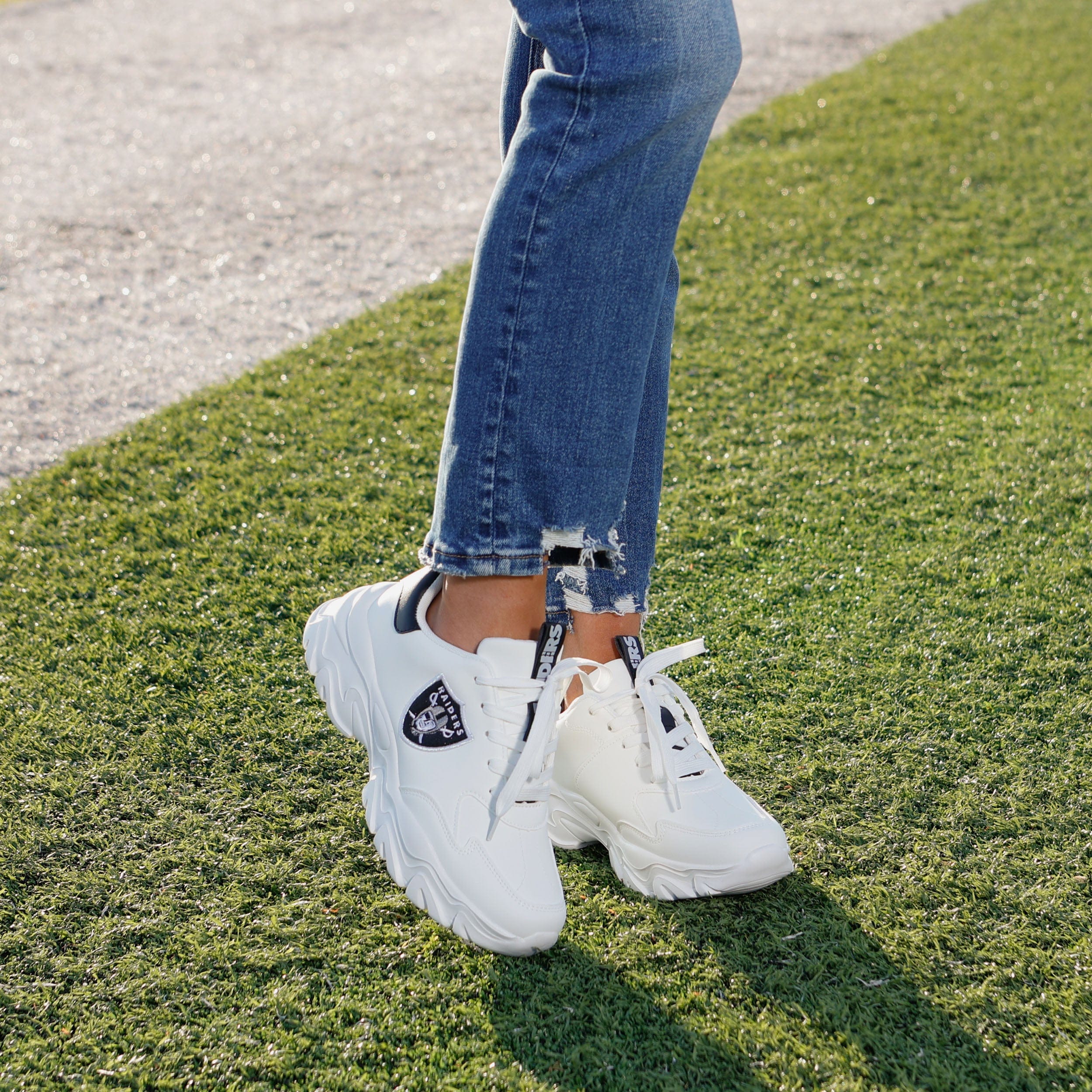 Las Vegas Raiders Women's Glittery Vintage White Chunky Sneakers - Show Your Team Spirit!