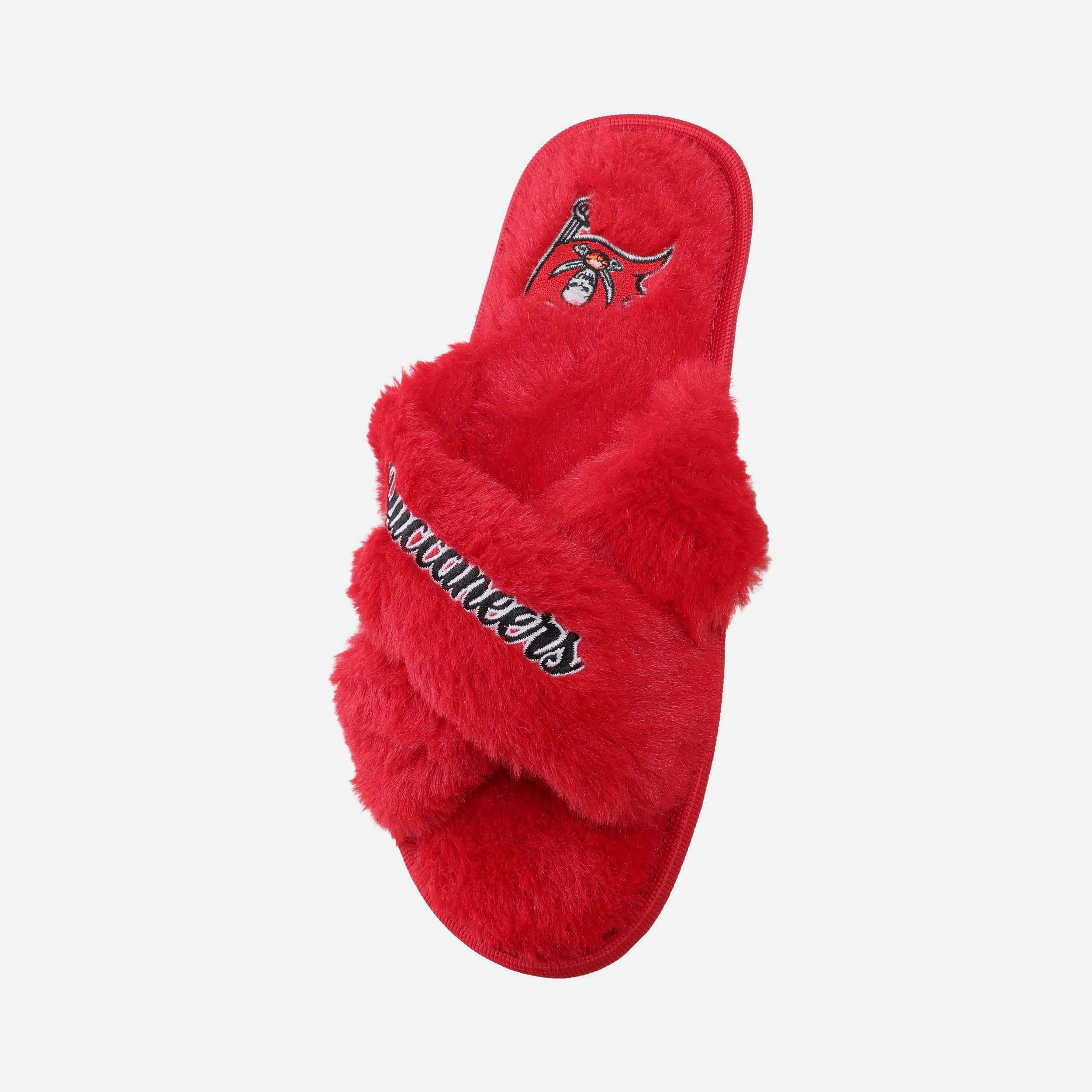 Tampa Bay Buccaneers Women's Fuzzy Script Wordmark Fur Cross Slides - Show Your Team Spirit!