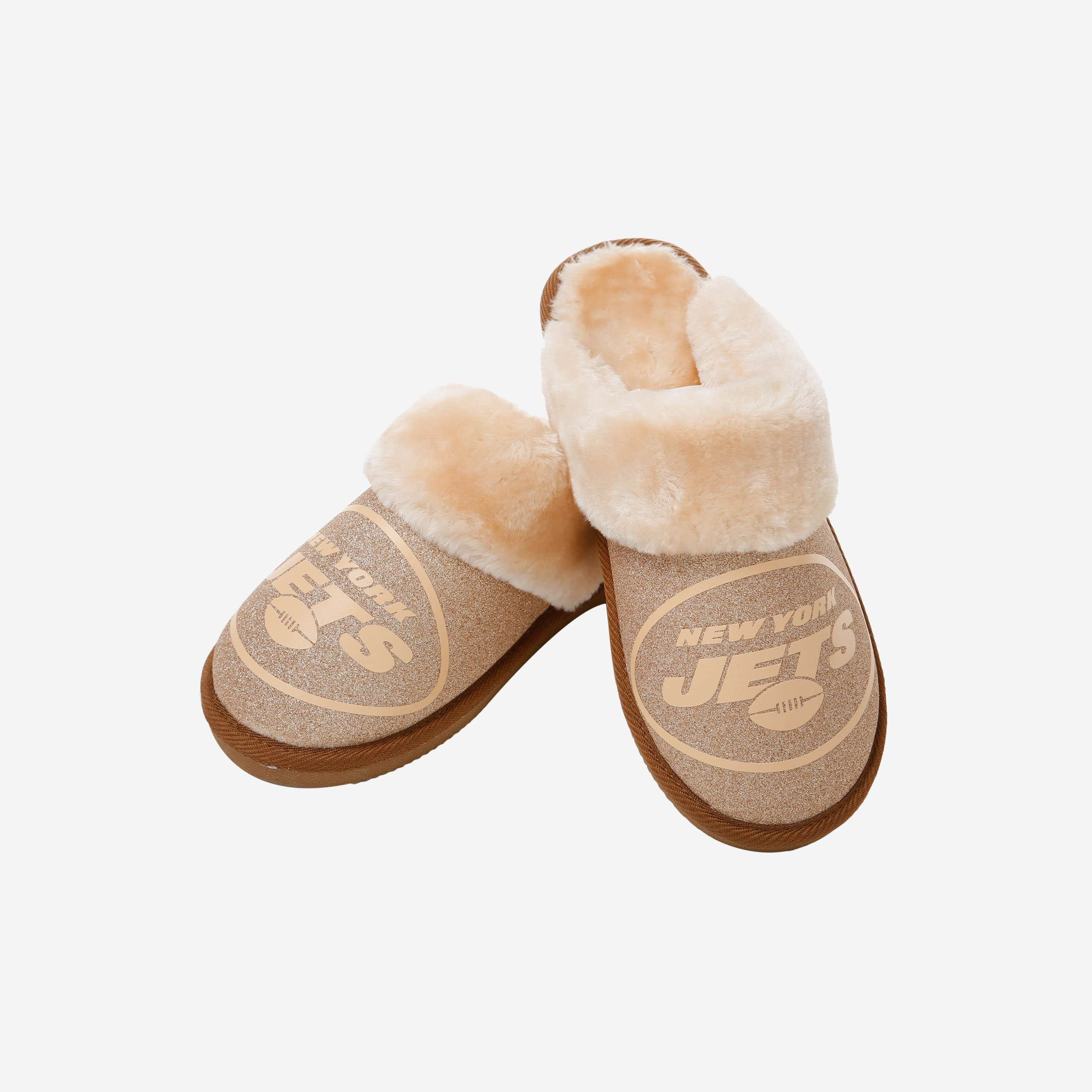 Sparkling New York Jets Women's Open-Back Fur Glitter Moccasin Slippers