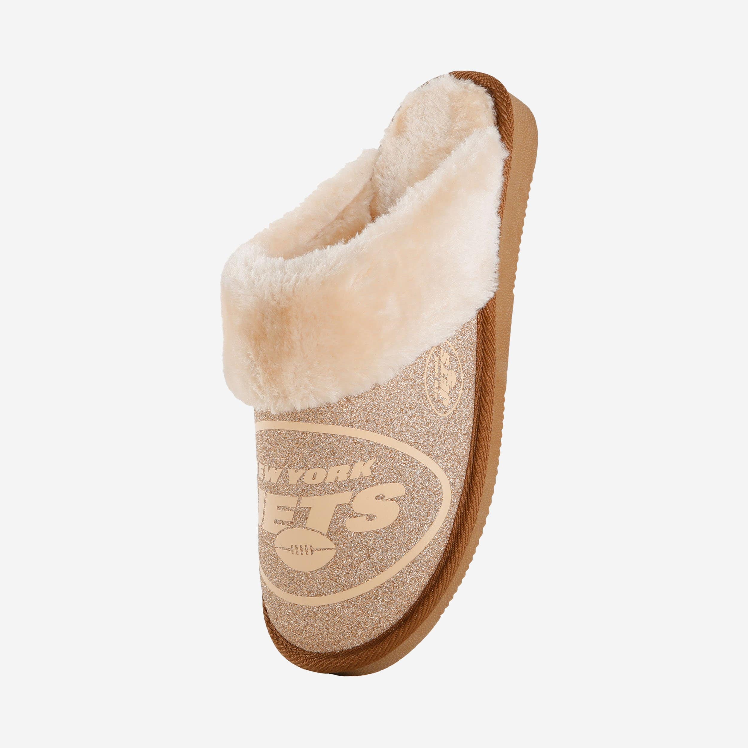 Sparkling New York Jets Women's Open-Back Fur Glitter Moccasin Slippers