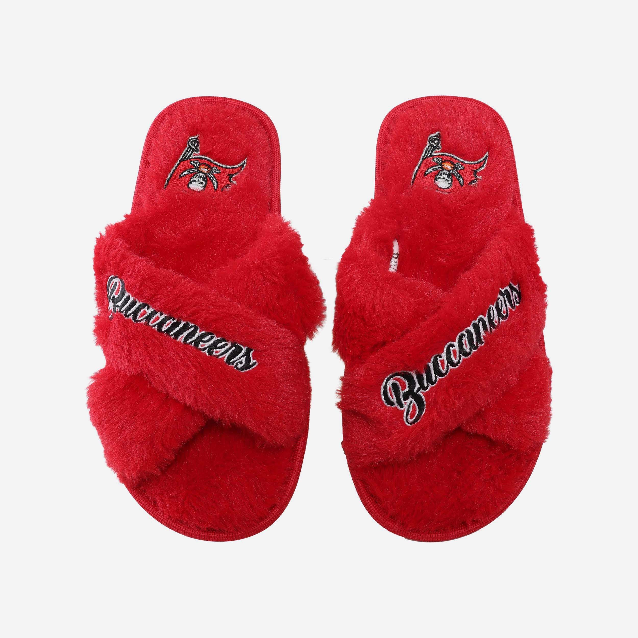Tampa Bay Buccaneers Women's Fuzzy Script Wordmark Fur Cross Slides - Show Your Team Spirit!