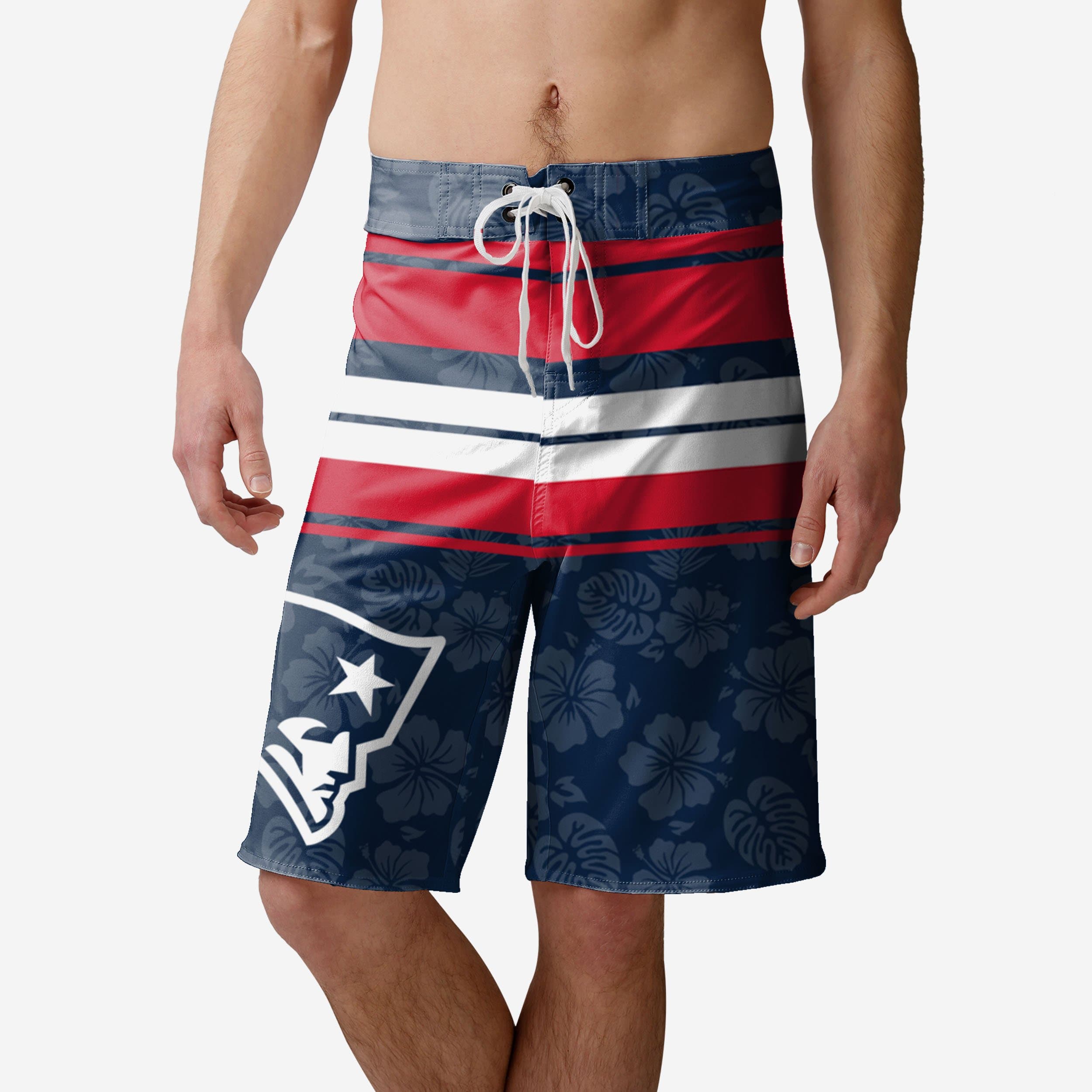 New England Patriots Hibiscus Boardwalk Striped Boardshorts - Stylish Team Gear
