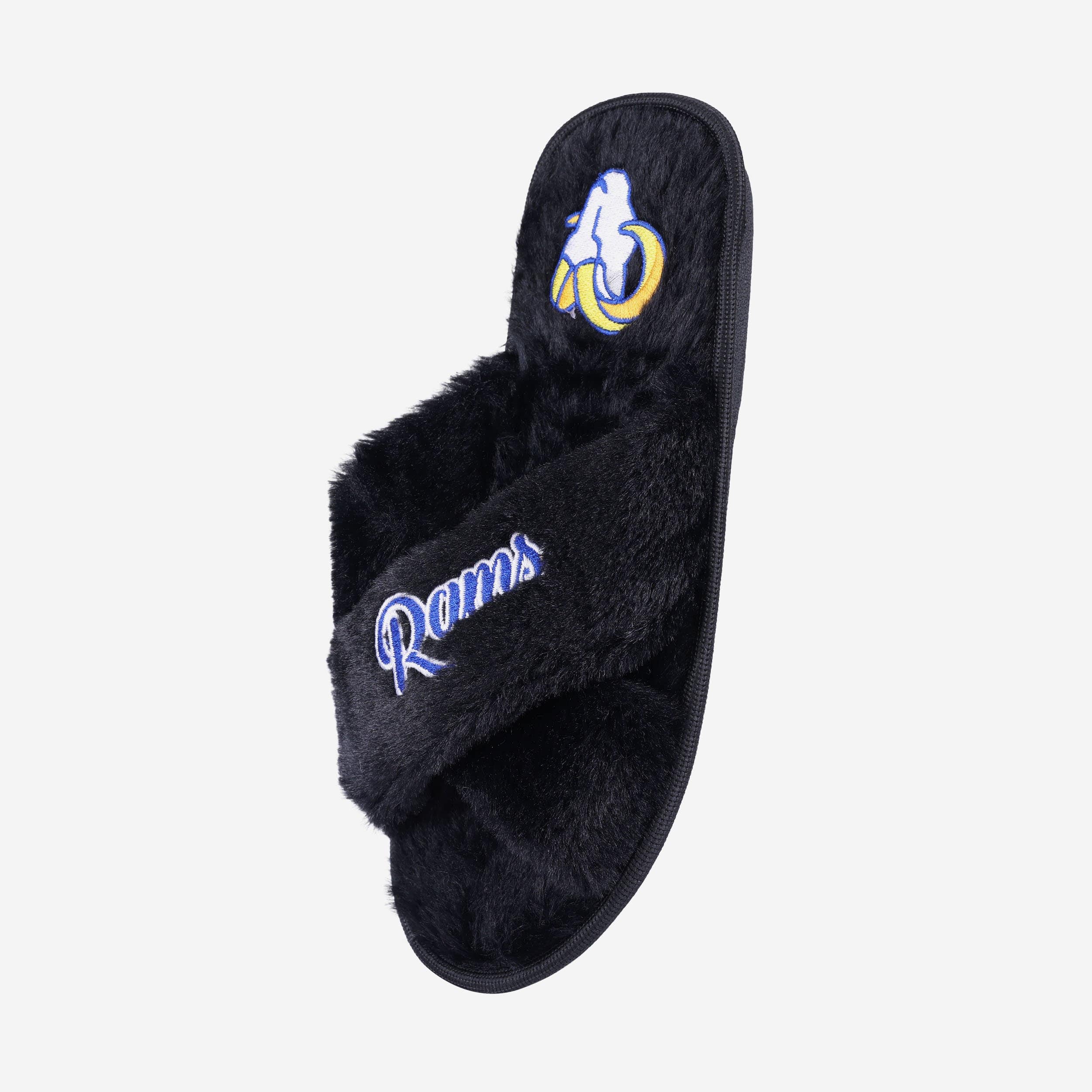 Los Angeles Rams Women's Script Wordmark Fuzzy Fur Cross Slides - Show Your Team Spirit!