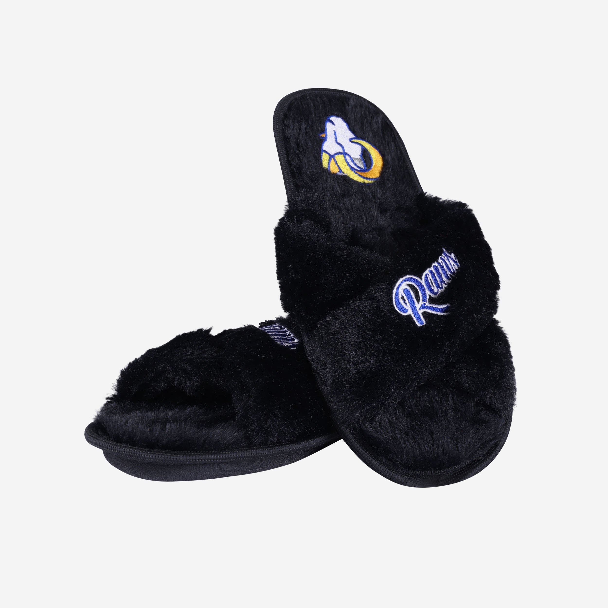 Los Angeles Rams Women's Script Wordmark Fuzzy Fur Cross Slides - Show Your Team Spirit!