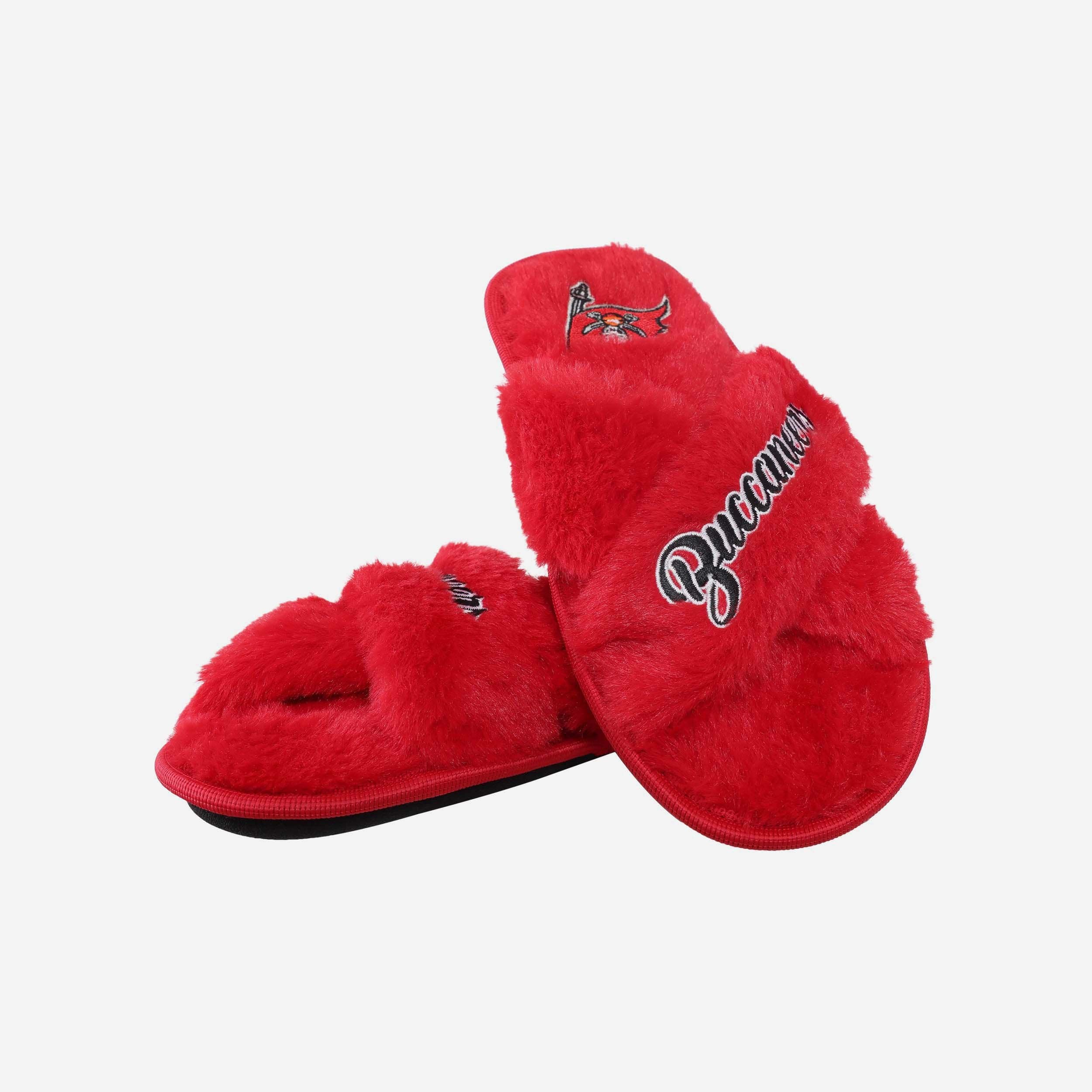 Tampa Bay Buccaneers Women's Fuzzy Script Wordmark Fur Cross Slides - Show Your Team Spirit!