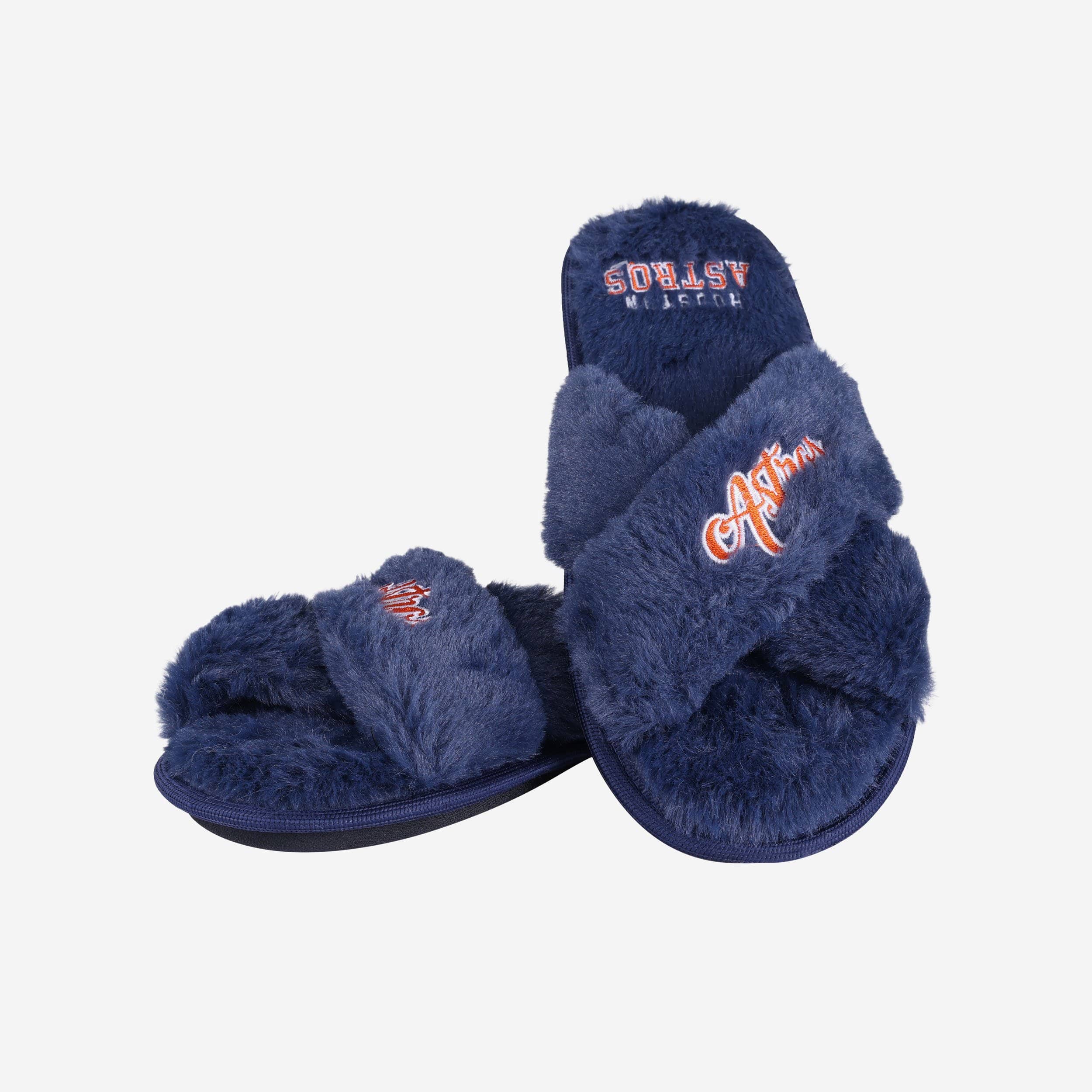 Houston Astros Women's Fuzzy Script Wordmark Fur Cross Slides - Game-Day Comfort!