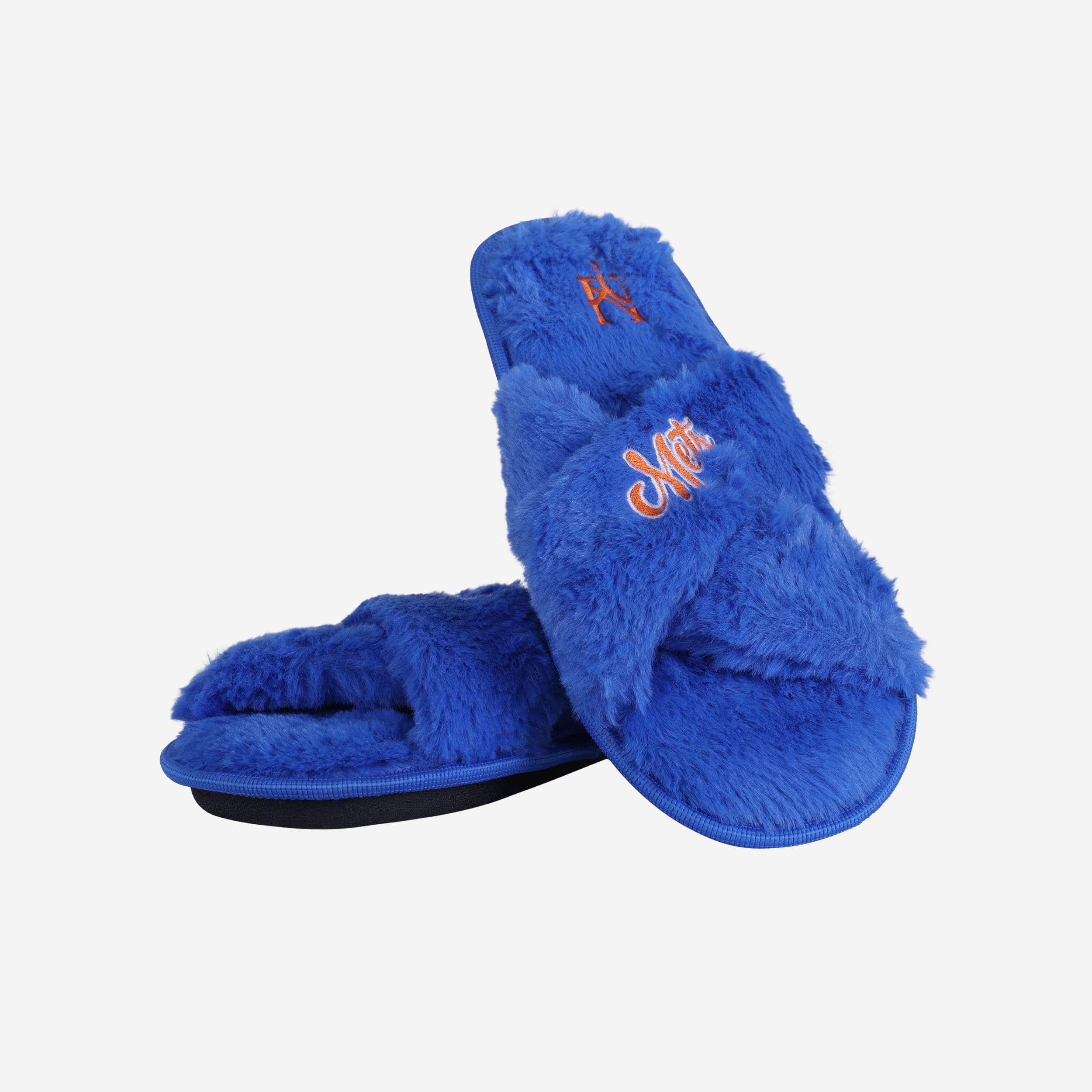 New York Mets Women's Script Wordmark Furry Cross Slides - Show Your Team Spirit!