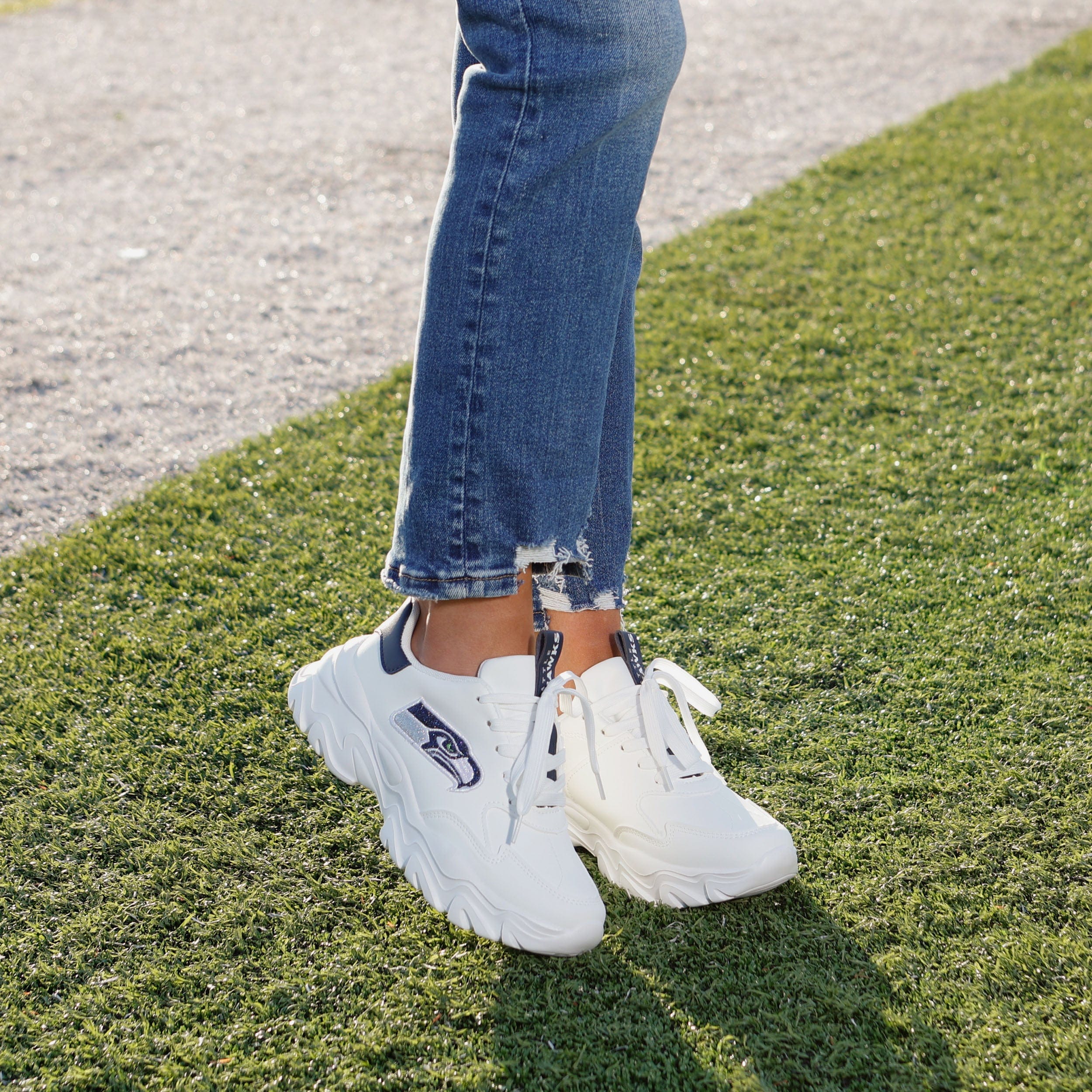 Seattle Seahawks Women's Glittery Vintage White Chunky Sneakers: Show Your Team Spirit!