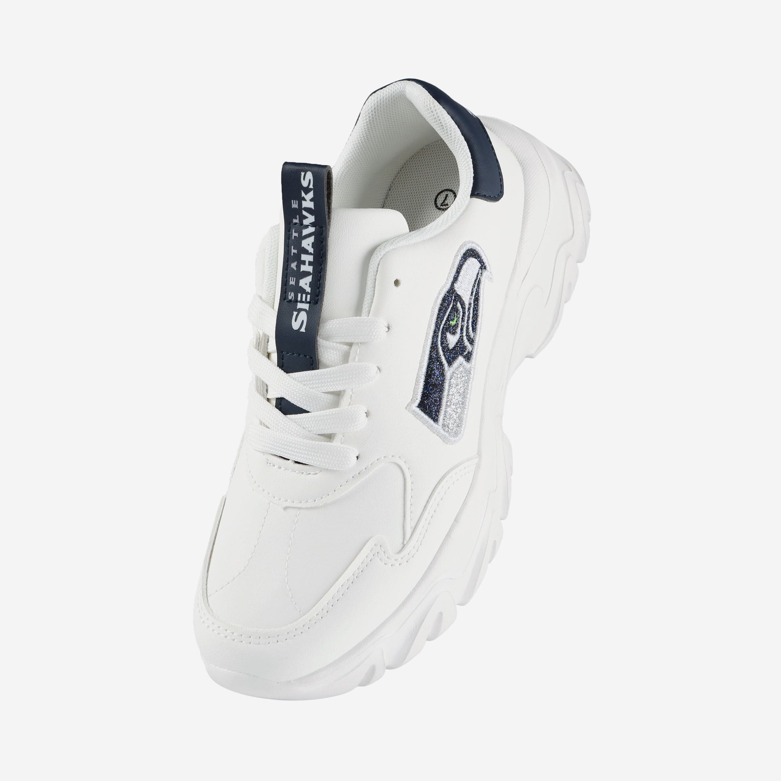 Seattle Seahawks Women's Glittery Vintage White Chunky Sneakers: Show Your Team Spirit!