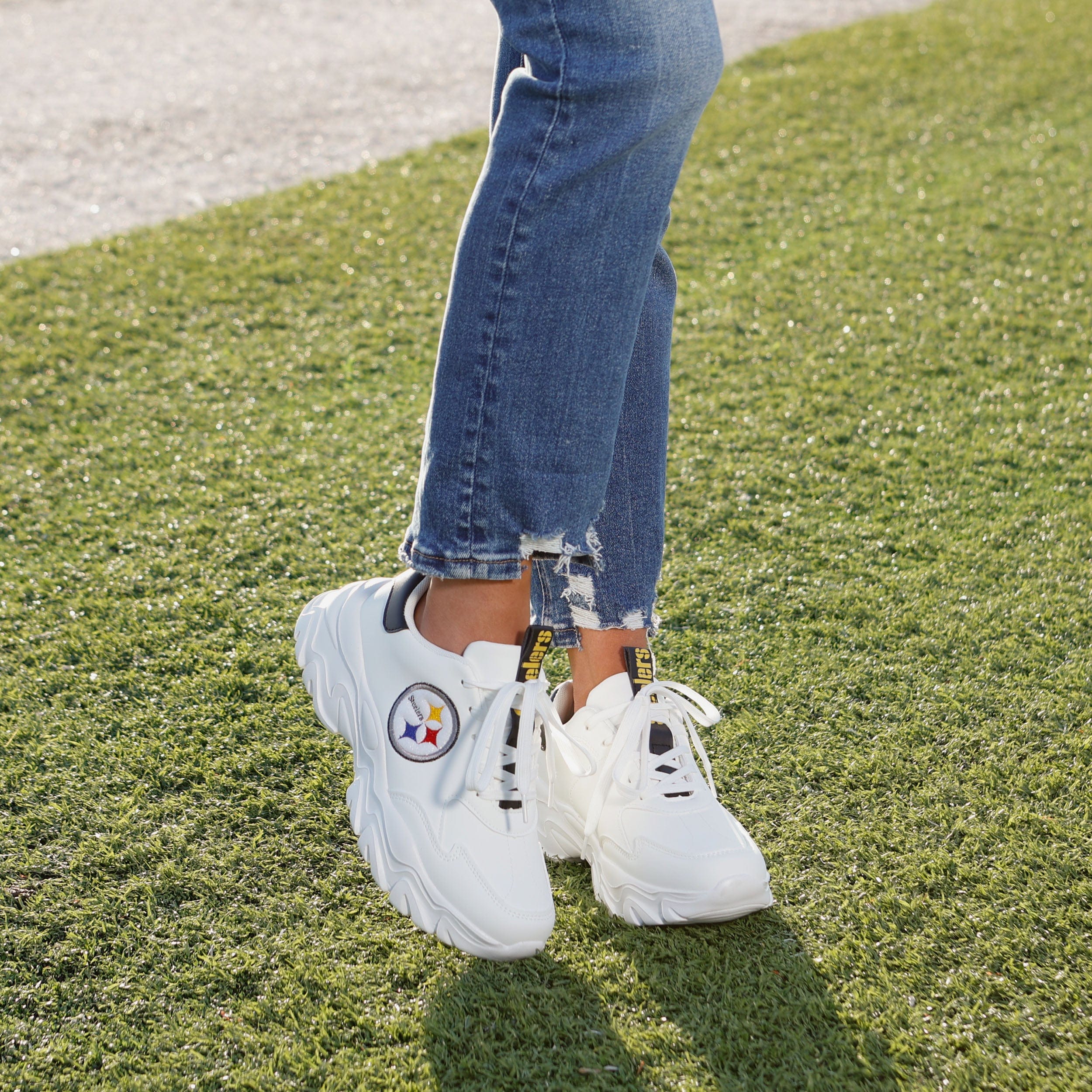 Glamorous Pittsburgh Steelers Women's Vintage White Glitter Big Logo Chunky Sneakers