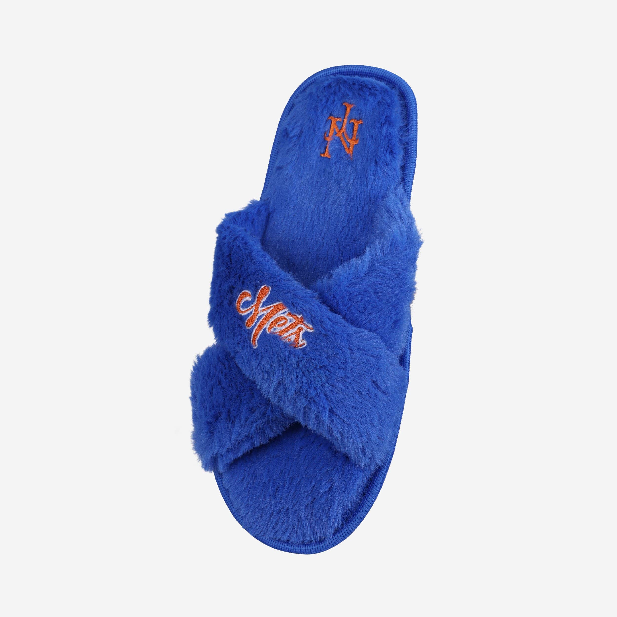 New York Mets Women's Script Wordmark Furry Cross Slides - Show Your Team Spirit!