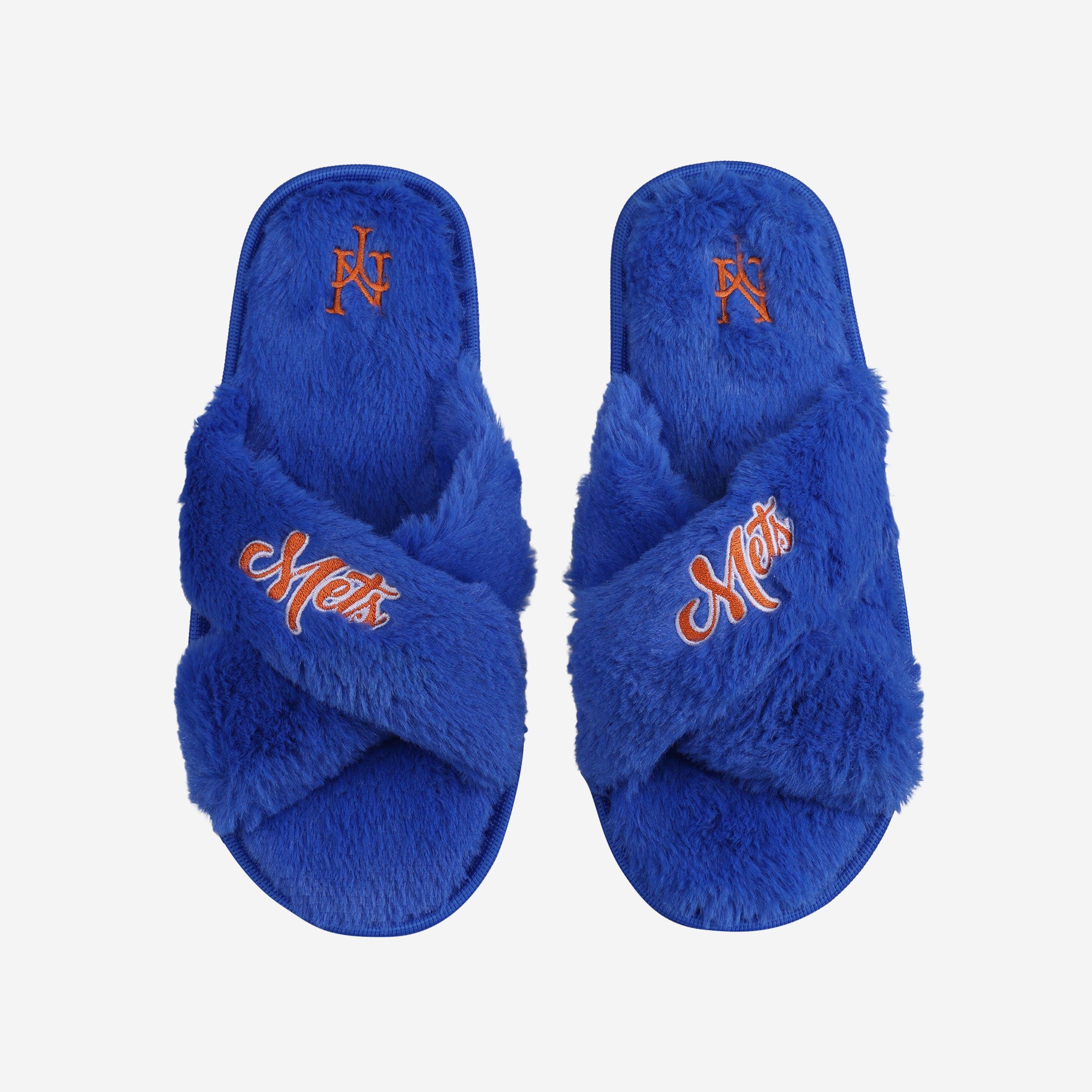 New York Mets Women's Script Wordmark Furry Cross Slides - Show Your Team Spirit!